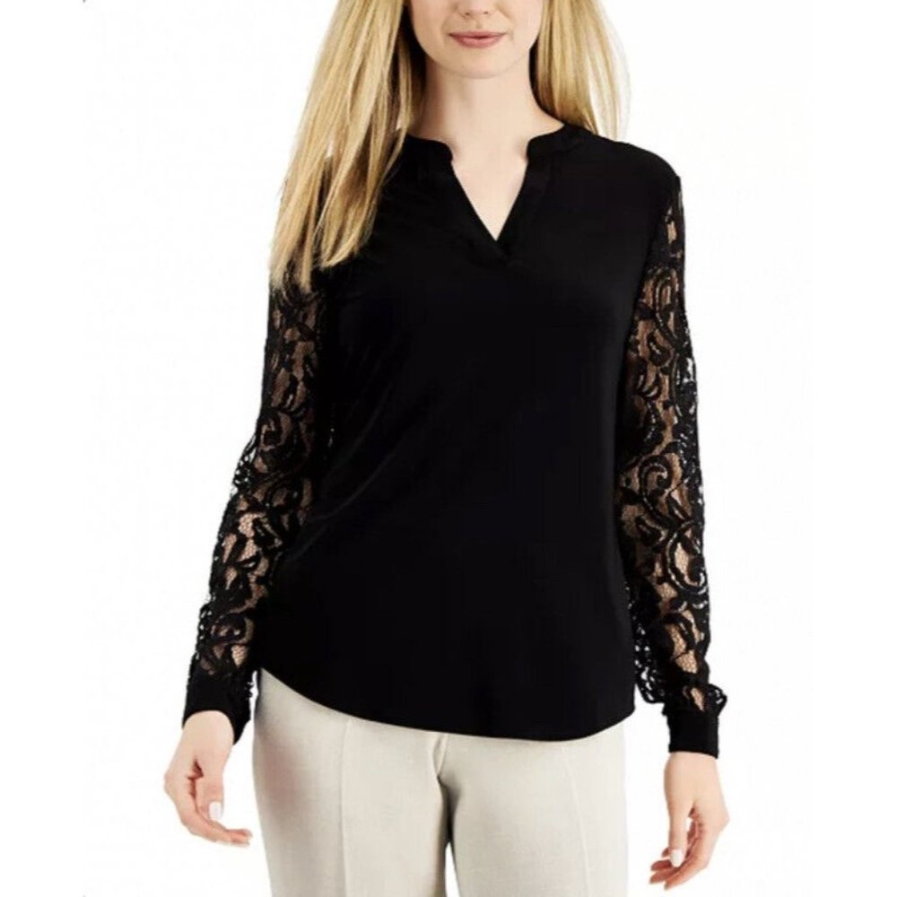 Kasper Long Sleeve Split Neck Top With Lace Sleeves Black S